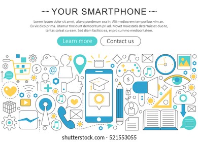 Vector elegant thin flat line Your Smartphone phone concept. Smartphone header banner elements layout. Presentation, flyer and poster