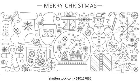 Vector elegant thin outline line Christmas and Happy New Year concept. Website header banner elements layout. Presentation, flyer and poster