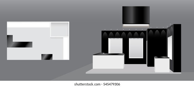 Vector elegant trade booth design template with black plasterboard walls and white product showcases