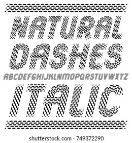 Vector elegant upper case English alphabet letters collection. Rounded bold italic retro font, typescript for use in logo design. Created using dashes, parallel lines.