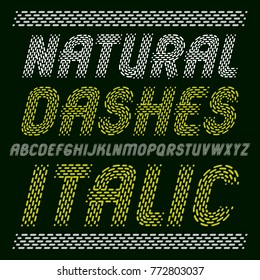 Vector elegant upper case English alphabet letters collection. Rounded bold italic retro font, typescript can be used in art creation, print. Made using rhythmic strokes and dashed lines.