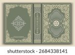 Vector. Elegant vintage book cover with an olive-green background and cream-colored baroque ornament. Suitable for retro designs, publishing layouts, art projects, and classic publications.