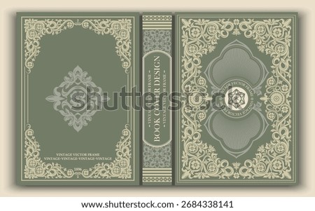 Vector. Elegant vintage book cover with an olive-green background and cream-colored baroque ornament. Suitable for retro designs, publishing layouts, art projects, and classic publications.