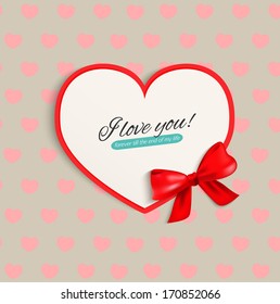 Vector elegant vintage card with red bow and seamless background. Shape of heart.