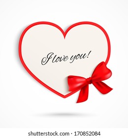 Vector elegant vintage card with red bow on whitet background. Shape of heart. Paper design with realistic shadow.