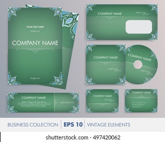Vector elegant vintage corporate design for artworks: folder, banner, business card and invitation. For business set, wedding, valentines day, birthday cards, invitations, banners, flyers, gift wrap