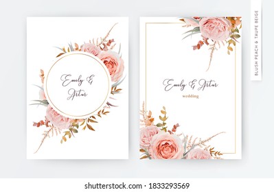 Vector elegant wedding floral invite card invitation design in fall, winter tones. Pink, blush peach Rose flowers, taupe, brown beige cream autumn Eucalyptus branch, leaves, golden fern. Template set