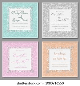 Vector elegant wedding invitation set. Beautiful stylish cards with a frame with curls. Banner, label, photo frame, invitation, postcard, greeting card, certificate
