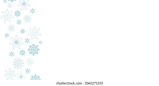 Vector. Elegant white Christmas background with various blue snowflakes. Festive banner, frame from golden snowflakes. Copy space for text. Merry Christmas and Happy New Year. Light background.