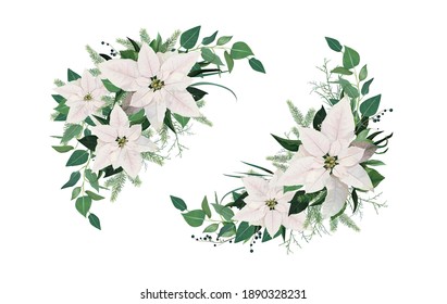 Vector elegant winter season half moon wreath, bouquet. White Poinsettia Christmas flower, spruce tree branches, Eucalyptus greenery, green leaves. Festive floral watercolor style holiday illustration