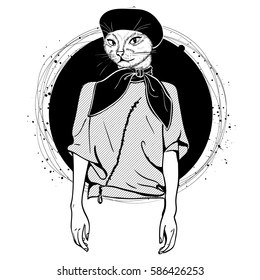 Vector elegant woman with cats had
