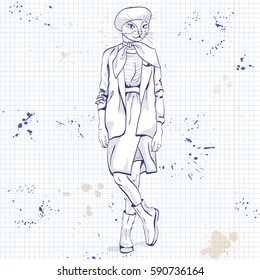 Vector elegant woman with cats head and beret and scarf on a notebook page