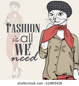 Vector elegant woman with cats head with beret and scarf color. Fashion is all we need