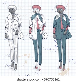 Vector elegant women with cats head and beret and scarf in color on a notebook page