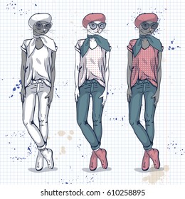 Vector elegant women with cats head