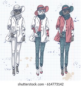 Vector elegant women with coat, hat and scarf