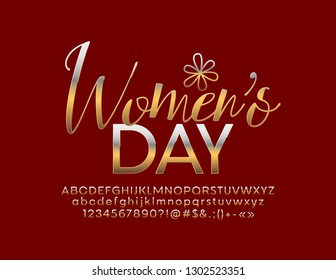 Vector elegant Women's Day greeting card with Golden Font. Luxury elite Alphabet Letters, Numbers and Symbols