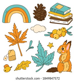 vector elemens of cozy reading collection in Scandinavian style,with cartoon cute squirrel characters  and elements for fabric design, wrapping paper, notebooks covers