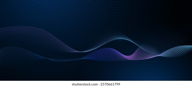 Vector element. Abstract wave line, particle dot pattern, neon light on dark blue gradient background. Modern futuristic design for banner background. Network, science, tech, data technology concept
