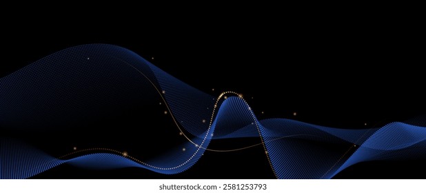 Vector element. Abstract wave line, particle dot pattern, neon light on dark blue gradient background. Modern futuristic design for banner background. Network, science, tech, data technology concept

