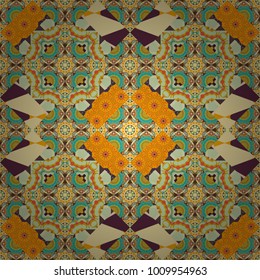 Vector element, arabesque for design template. Seamless pattern luxury ornament, eastern style in yellow, brown and orange colors. Turquoise floral art. Ornate decor for invitation, greeting card.