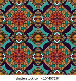 Vector element, arabesque for design template. Luxury seamless pattern ornament in Eastern style. Abstract floral illustration in brown, blue and orange colors.