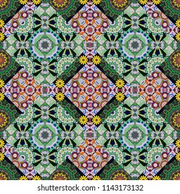 Vector element, arabesque for design template. Luxury seamless pattern ornament in Eastern style. Abstract floral illustration in gray, violet and green colors.