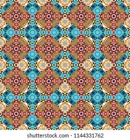 Vector element, arabesque for design template. Luxury seamless pattern ornament in Eastern style. Abstract floral illustration in blue, orange and brown colors.