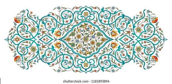 Elemento vectorial, arabesco para la plantilla de diseño. Comedor de lujo de estilo oriental. Ilustración floral turquesa. Decoración ordenada para invitación, tarjeta de felicitación, fondo de pantalla, página web.