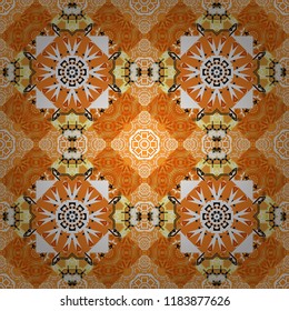 Vector element, arabesque for design template. Ornate decor for invitation, greeting card. Seamless pattern luxury ornament, eastern style in orange, white and yellow colors. Turquoise floral art.