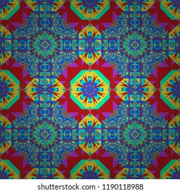 Vector element, arabesque for design template. Ornate decor for invitation, greeting card. Seamless pattern luxury ornament, eastern style in green, red and blue colors. Turquoise floral art.
