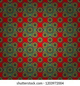 Vector element, arabesque for design template. Luxury seamless pattern ornament in Eastern style. Abstract floral illustration in green, blue and red colors.