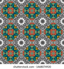 Vector element, arabesque for design template. Seamless pattern luxury ornament, eastern style in blue, brown and gray colors. Turquoise floral art. Ornate decor for invitation, greeting card.