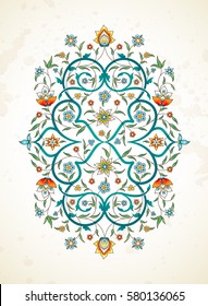 Elemento vectorial, arabesco para la plantilla de diseño. Comedor de lujo de estilo oriental. Ilustración floral turquesa. Decoración ordenada para invitación, tarjeta de felicitación, fondo de pantalla, página web.