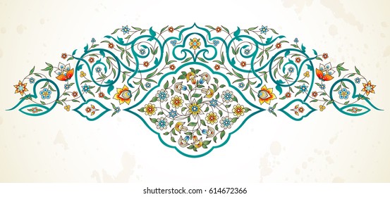 Vector element, arabesque for design template. Premium ornament in Eastern style. Bright floral illustration. Ornate decor for invitation, greeting card, wallpaper, background, web page.