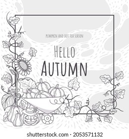 Vector element with autumn design in black and white. Pumpkins and curly leaves with framed text. For postcards, invitations, packaging design or coloring