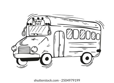 Vector Element back to school. Concept for invitations, card. Student School bus in style hand drawn on white background. Modern Doodle illustration for trendy posters, banners, social media, website.