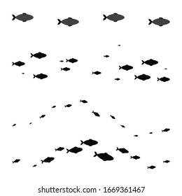 Vector element of black silhouette of fish in shoals swimming in wave line isolated on white background