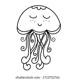 vector element, black and white drawing of a marine inhabitant, doodle coloring, cute sea jellyfish