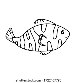 vector element, black and white drawing of a marine inhabitant, doodle coloring, cute little fish, coloring book