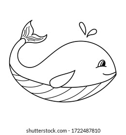 vector element, black and white drawing of a marine inhabitant, doodle coloring, cute big whale, coloring book