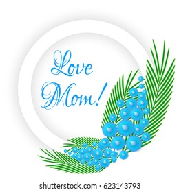 Vector element of blue fluffy mimosa tree brunch for Mother day or Woman celebration day greeting card or poster.  