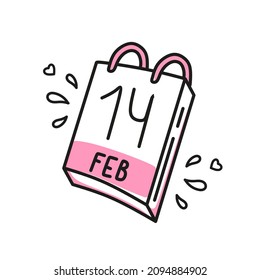 Vector element calendar for Valentines Day. Hand-drawn love symbols in a linear style. Isolated on a white