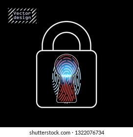 Vector element the castle, the concept with the identifier fingerprint of a fingertip is the key to open, authorize, or closing access. Abstraction reading laser in the keyhole with lighting effect.