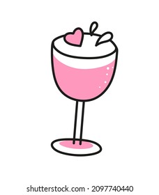 Vector elemento champagne de vidrio para el Día de San Valentín. Símbolos de amor dibujados a mano en un estilo lineal. Aislado sobre un blanco