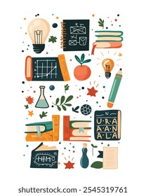 Vector element collection focused on education and personal growth – stack of books, chalkboard with equations, flashcards, and light bulbs symbolizing ideas