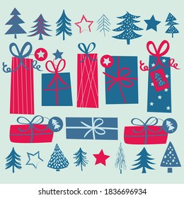 Vector element collection. Wrapped presents, Christmas trees, stars. Individually  isolated on background. Easily editable. Greetings cards, wrapping paper, border, invites, illustration etc.   