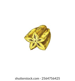 Vector element with a cut half of sweet and sour carambola fruit in the shape of a yellow star, made in the style of a sketch for a menu with exotic fruits