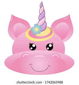 vector element, cute magical unicorn for girl, cartoon, kawaii, pink dream with a horn