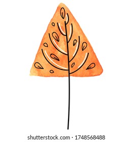 vector element, cute watercolor abstract orange triangular tree with black outline in scandinavian style, botanical element